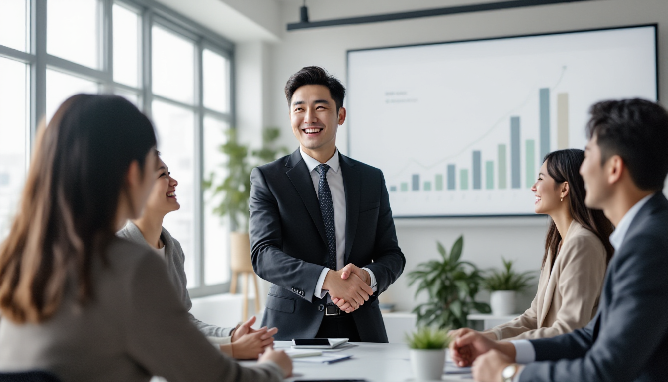 성공적인 장기 투자 전략을 통해 만족한 고객들과 악수하는 한국인 금융 설계사