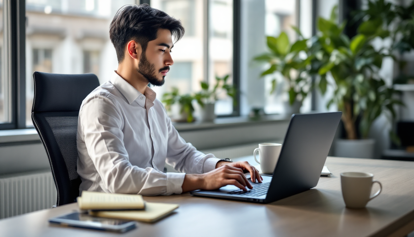 집에서 온라인 투자 강의를 듣고 있는 한국인 직장인의 모습