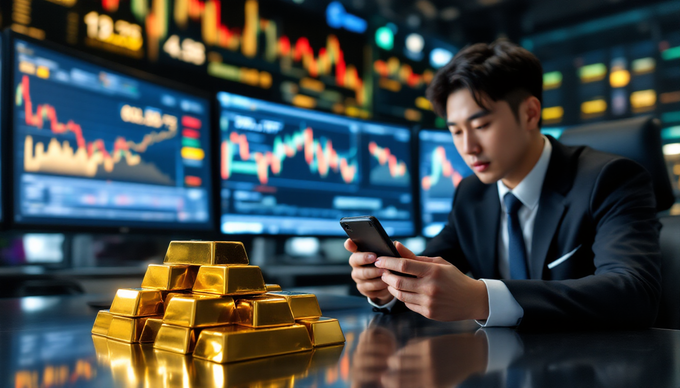 금 ETF 투자를 위해 스마트폰으로 금융 데이터를 분석하는 한국인 투자자와 황금 바