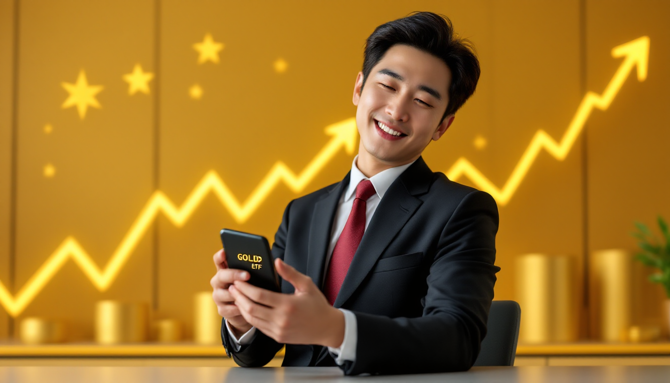 성공적인 금 ETF 투자 결과를 확인하며 만족해하는 한국인 투자자
