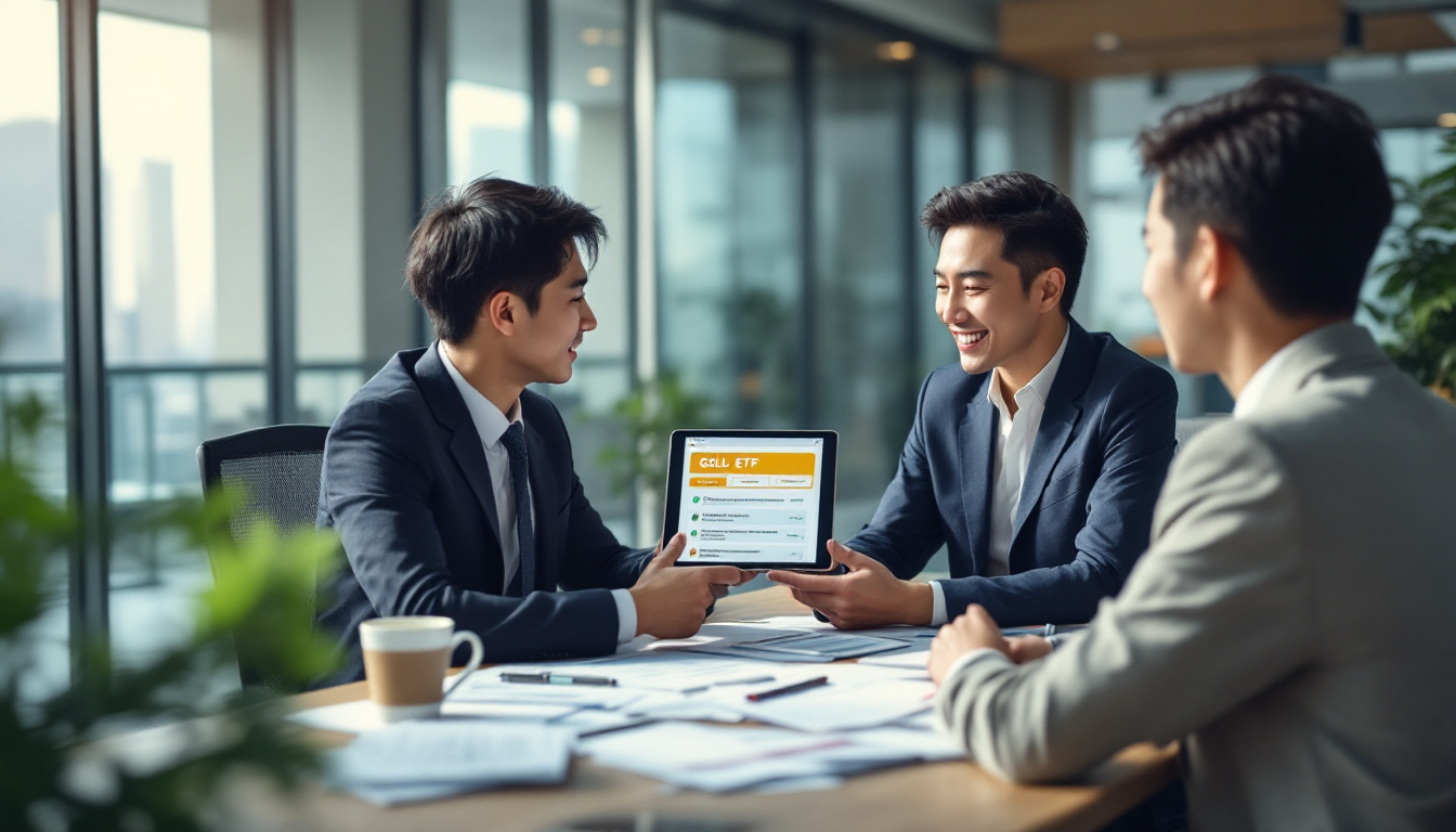 금 ETF 투자에 대한 자주 묻는 질문을 설명하는 한국인 금융 상담사와 고객