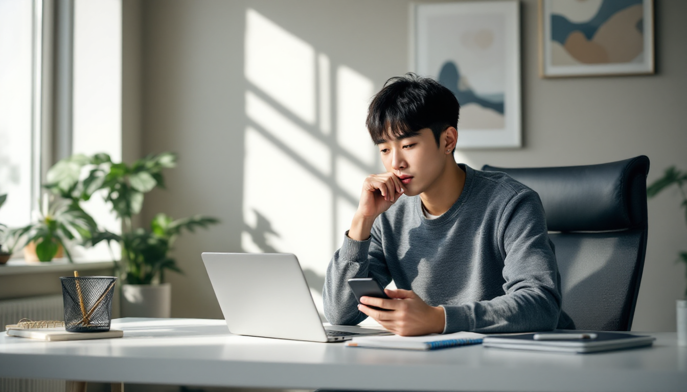 20대 젊은이가 암호화폐 거래소를 신중히 선택하고 있는 모습