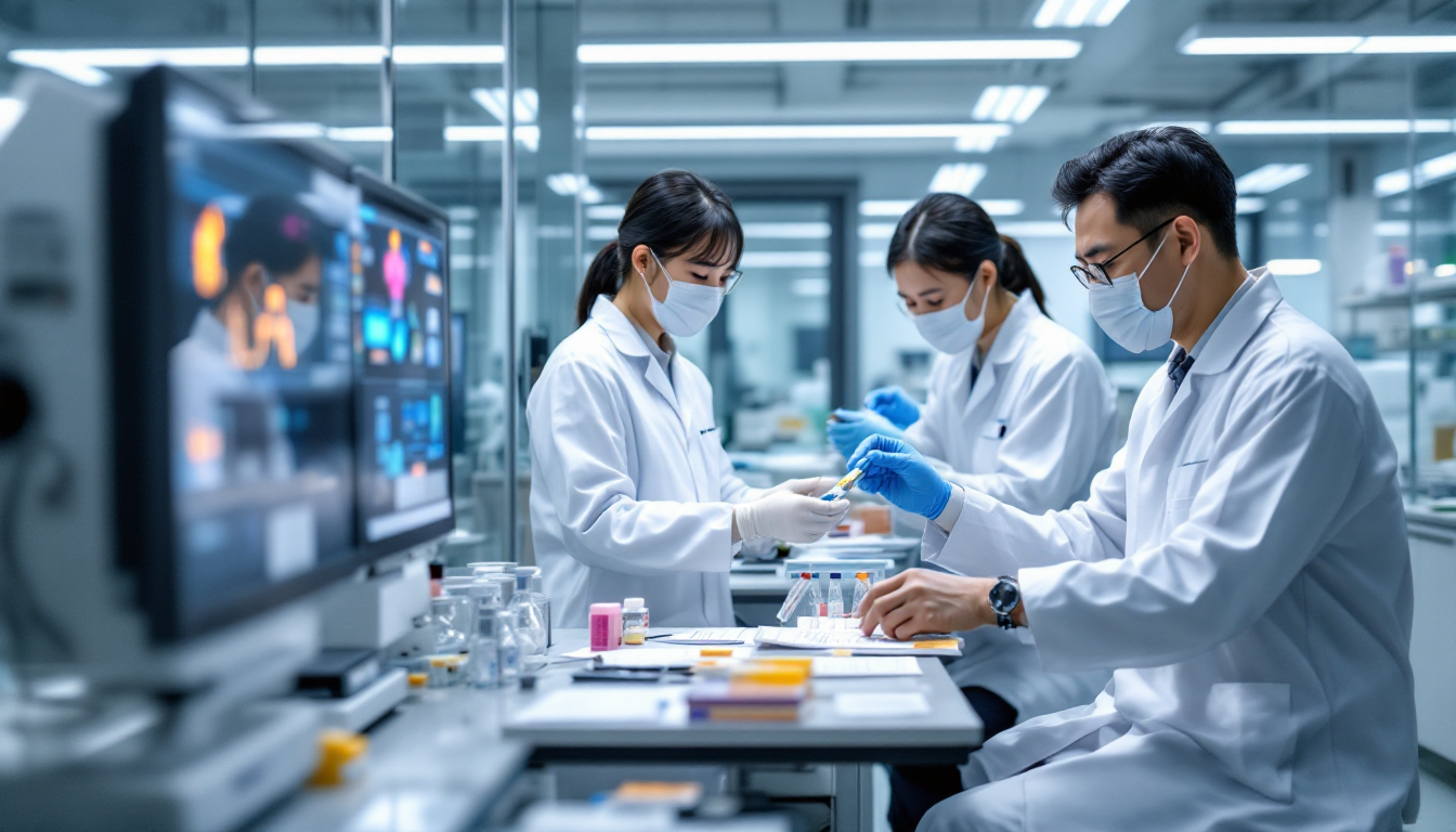 현대적인 연구실에서 첨단 바이오테크 장비와 의약품 샘플을 다루는 한국인 의료 연구진