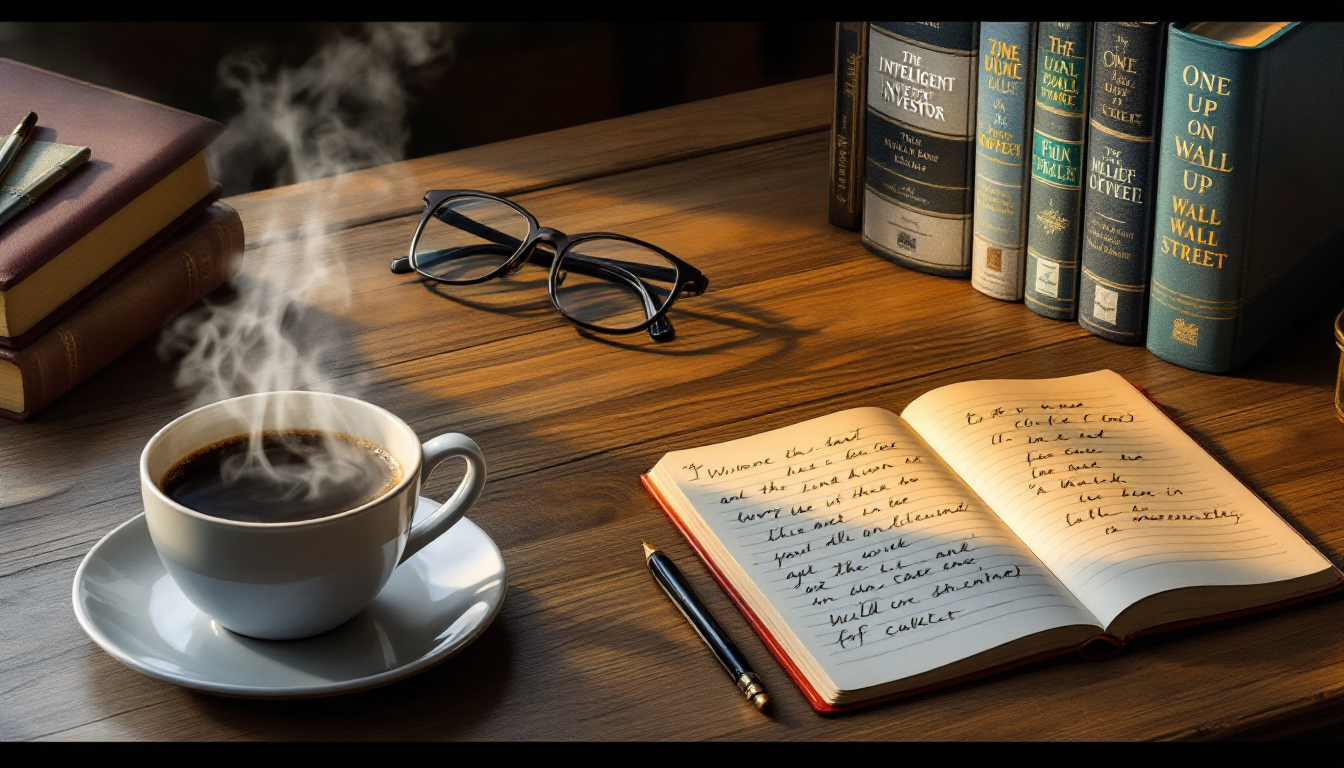 현명한 투자자, 월가의 영웅 등 가치투자 필독서들이 정리된 책상 위의 모습