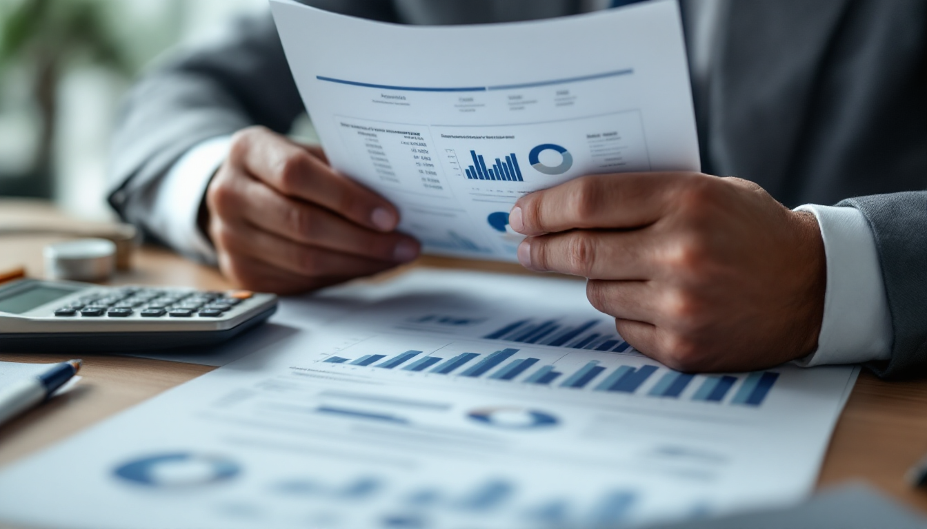 재무제표와 기업 보고서를 검토하는 투자자의 손과 책상 위 자료들