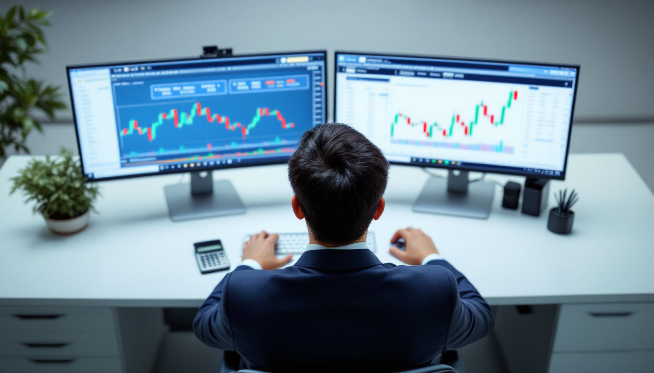 포지션 사이징 계산을 하고 있는 한국인 금융 전문가의 업무 모습