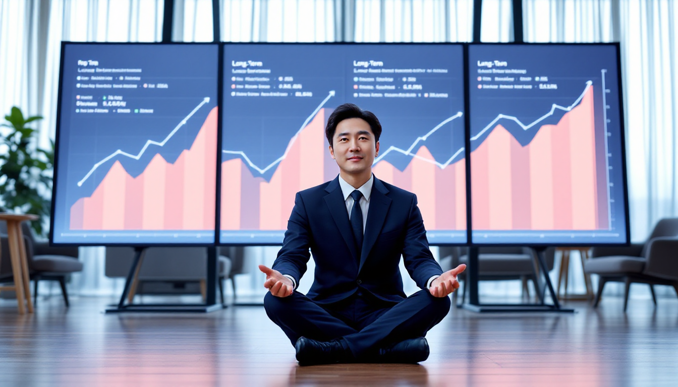 가치투자의 핵심인 인내심과 장기적 관점을 상징하는 차분한 투자자의 모습과 안정적인 성장 차트