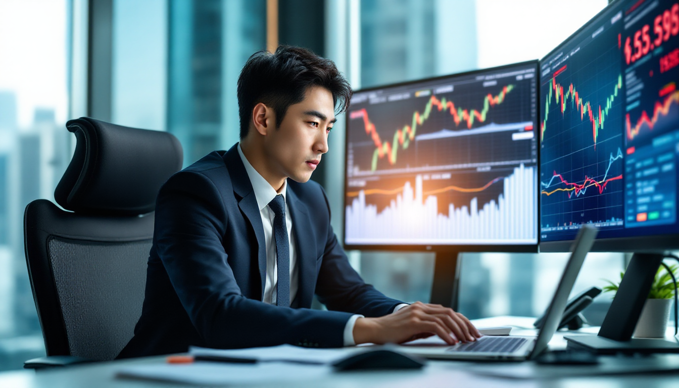 변동성 있는 시장 환경에서 투자를 분석하는 한국인 투자자의 모습