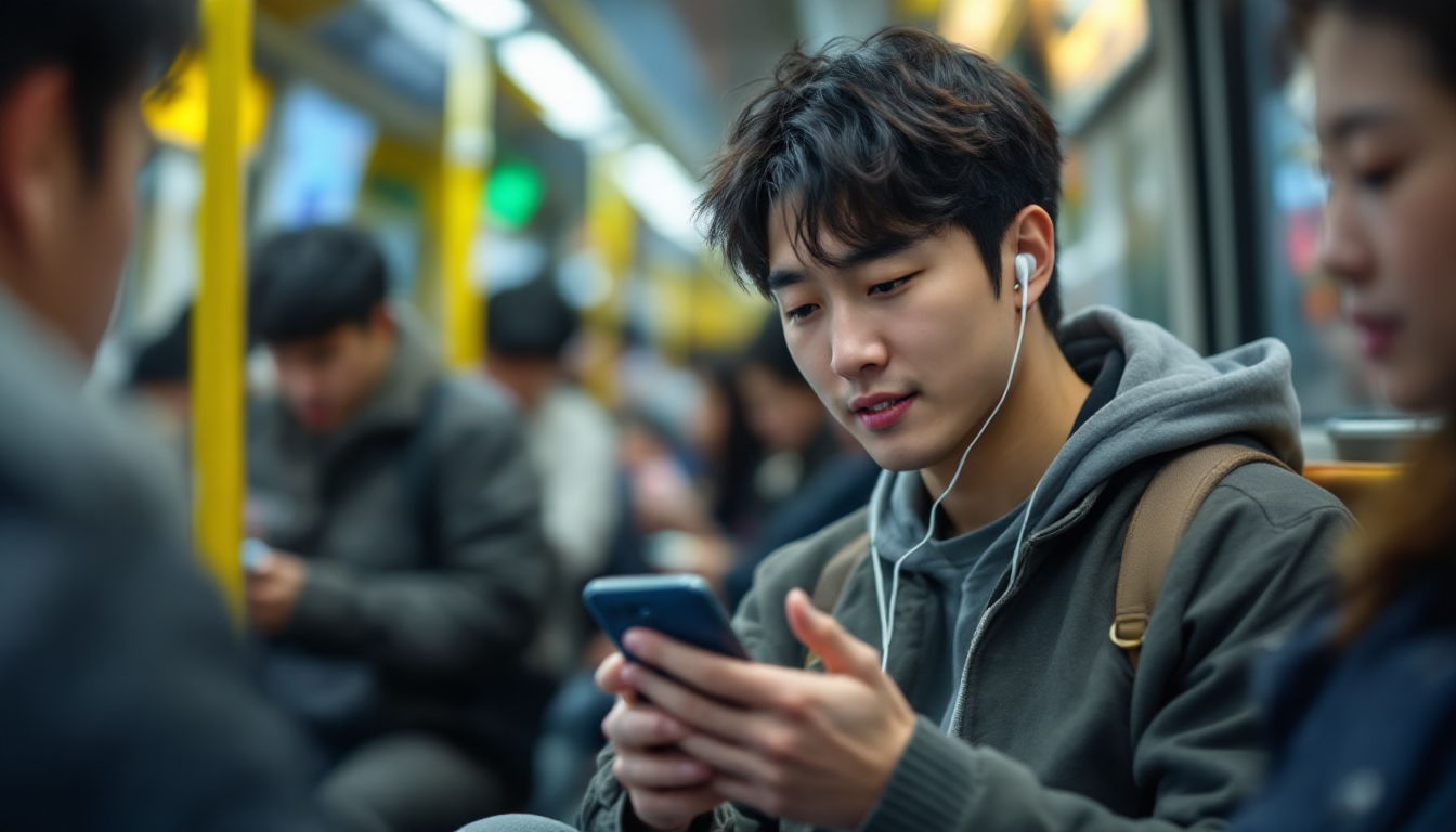 지하철에서 스마트폰으로 투자 유튜브를 시청하며 출퇴근하는 한국인의 모습