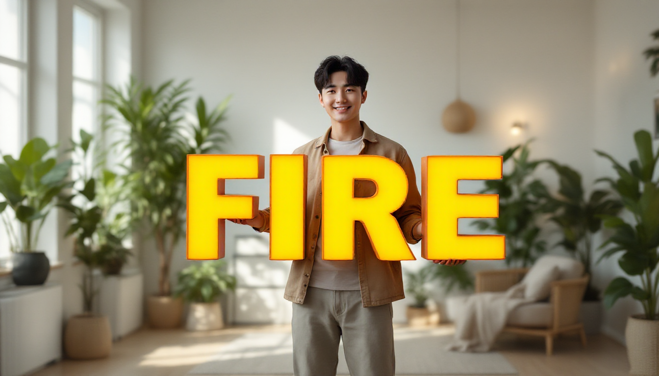파이어족의 개념을 상징하는 FIRE 글자를 들고 있는 한국인의 모습