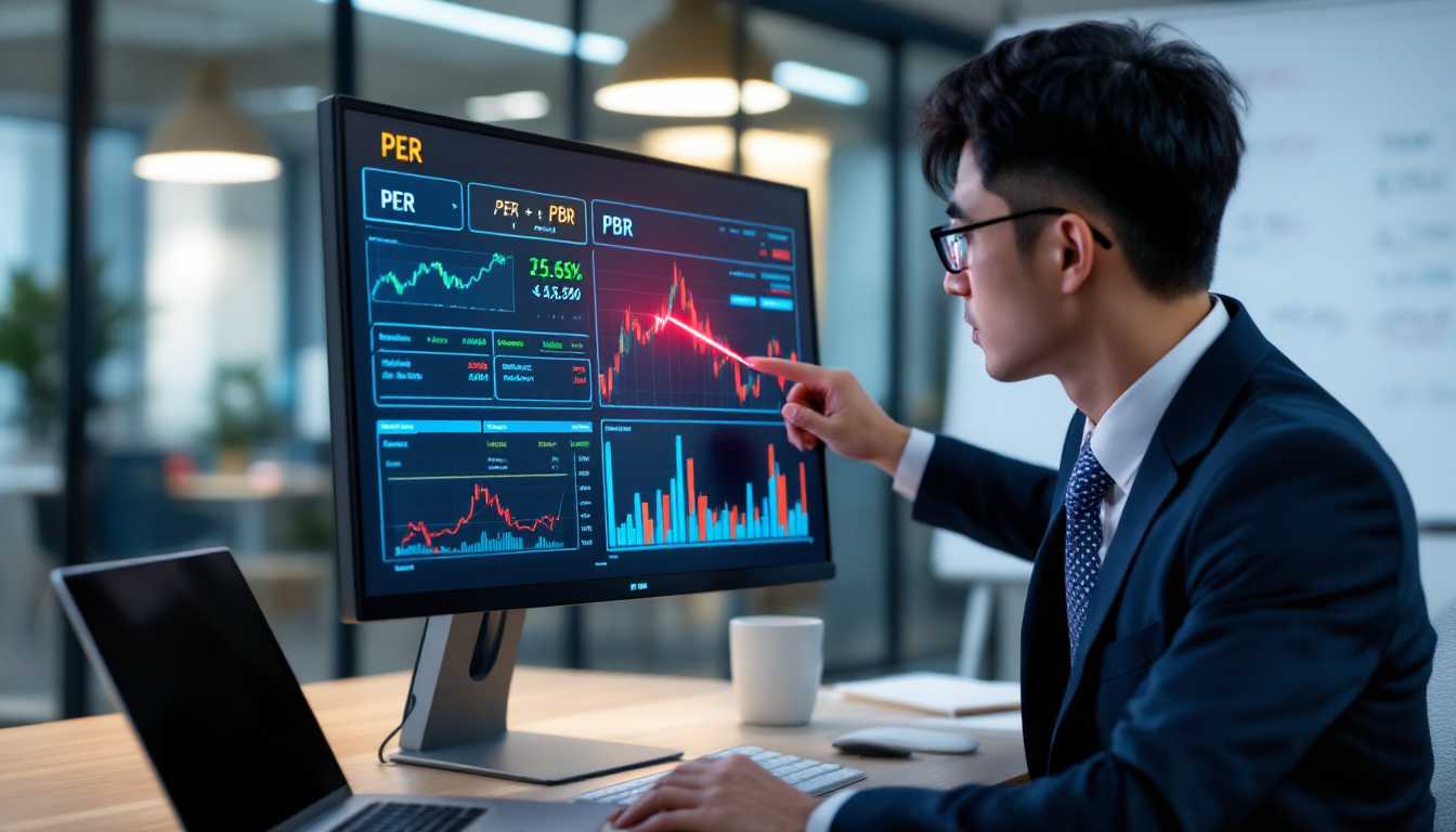 컴퓨터 화면에 표시된 PER과 PBR 재무비율 지표를 분석하는 모습