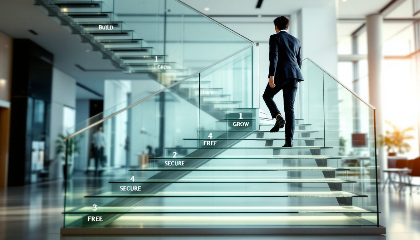 파이어족 투자 4단계 로드맵을 상징하는 계단을 오르고 있는 한국인