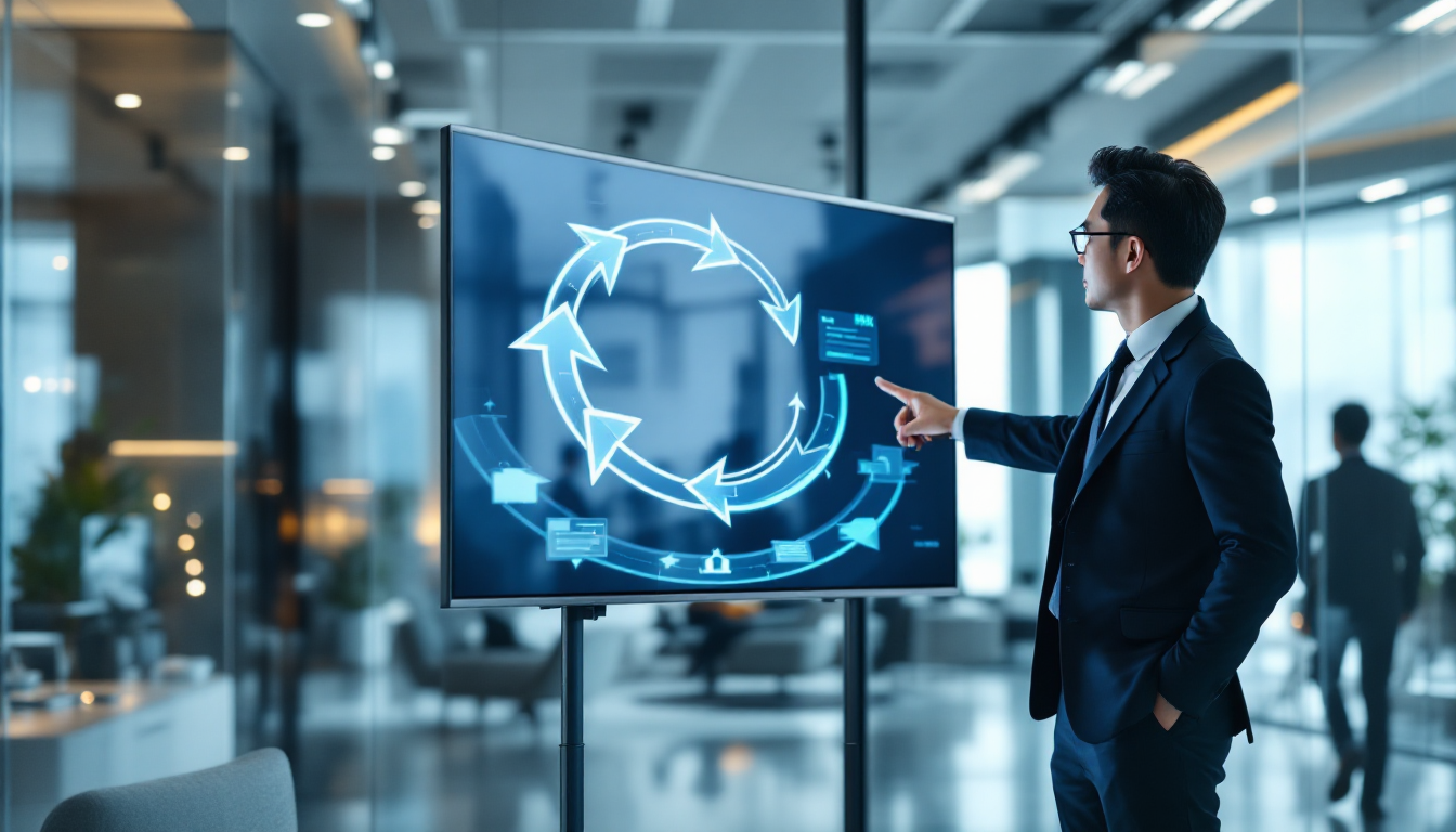 반사성 이론의 피드백 루프를 설명하는 화면 앞의 한국인 전문가