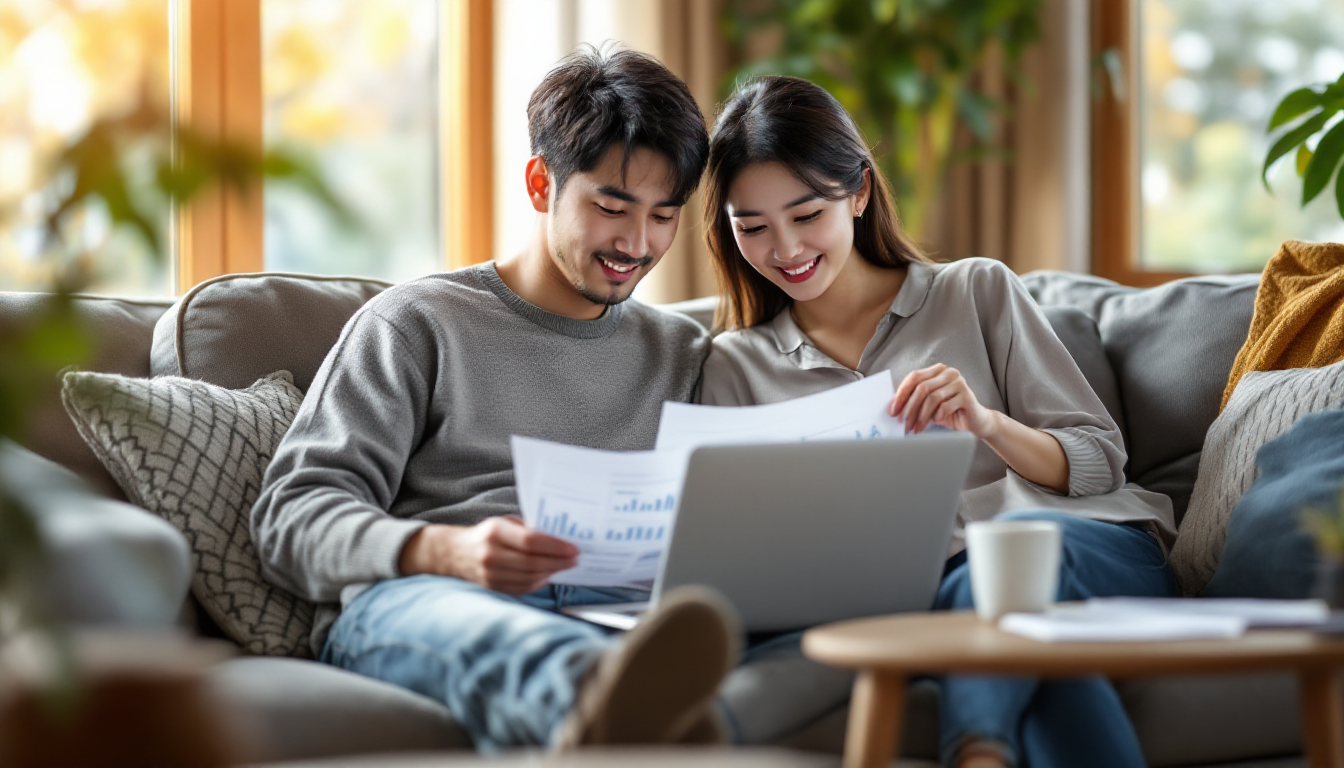 집에서 함께 재무 목표와 투자 전략을 검토하고 있는 한국인 부부