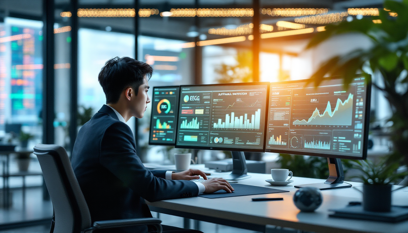 AI와 ESG 투자 분석 화면을 보며 작업하고 있는 현대적인 투자 환경