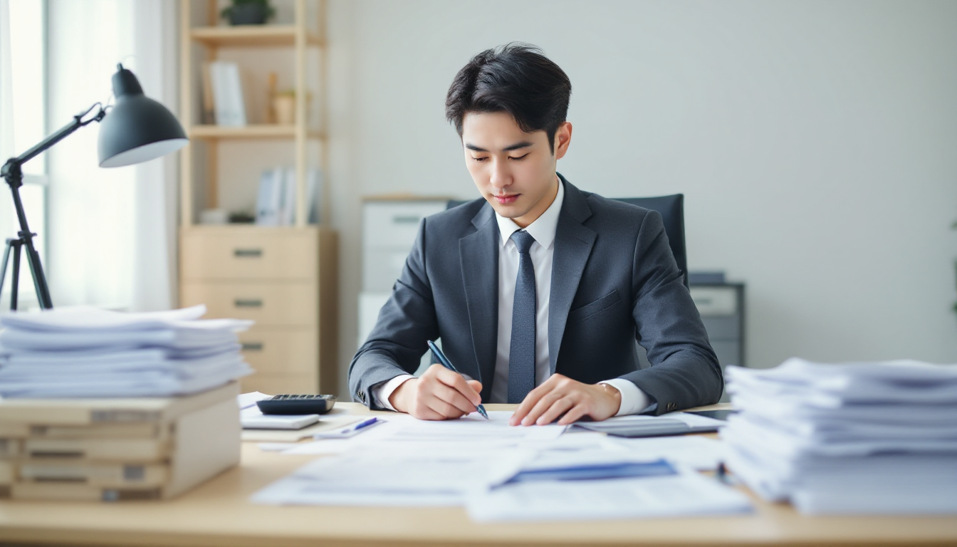 절세 전략을 위해 세금 서류와 연금저축 계좌 관련 문서를 정리하고 있는 한국인 세무사
