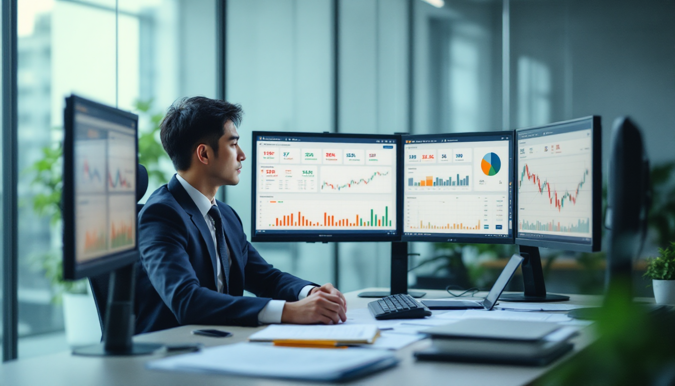 다중 모니터로 주식 스크리닝 도구를 사용하여 가치주를 찾는 5단계 과정을 진행하는 투자자