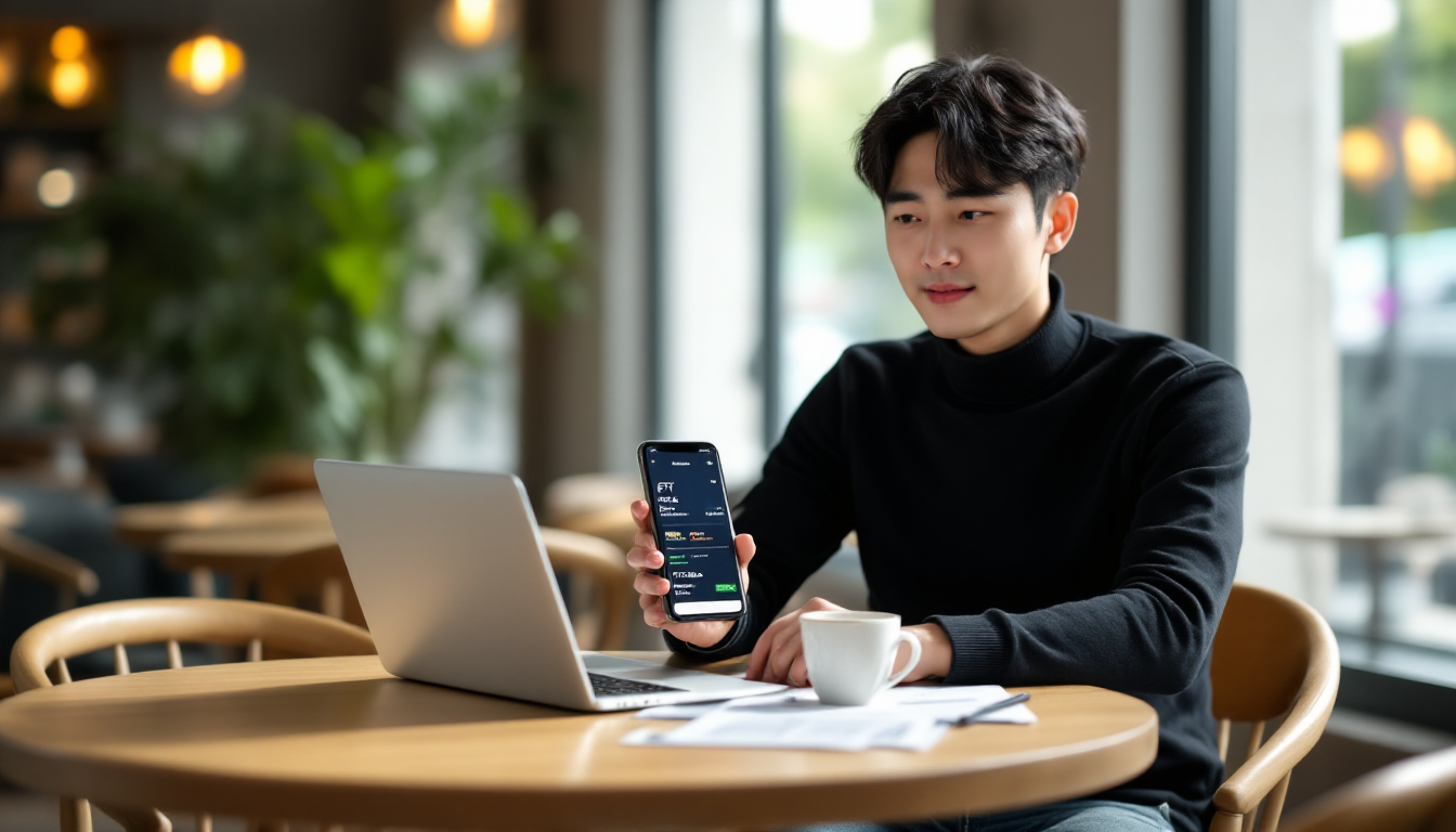 ETF 투자 앱을 사용하는 젊은 한국인 투자자