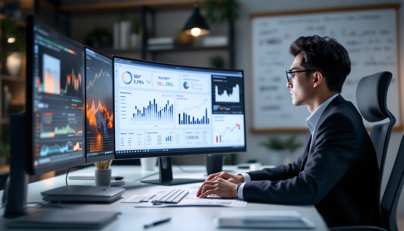 대형 모니터의 자산배분 차트와 샤프 비율 계산을 분석하는 한국인 포트폴리오 매니저
