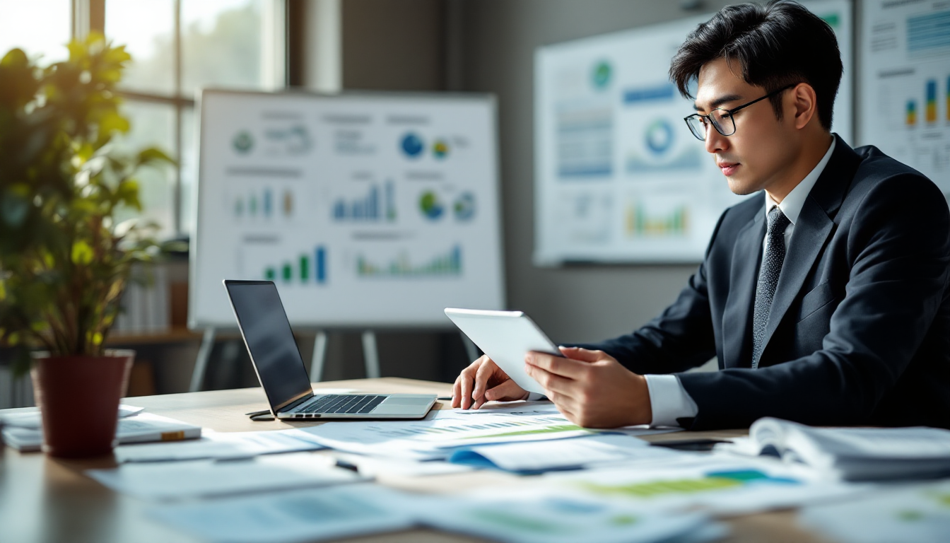 그린본드와 재생에너지 프로젝트를 검토하는 친환경 금융 전문가