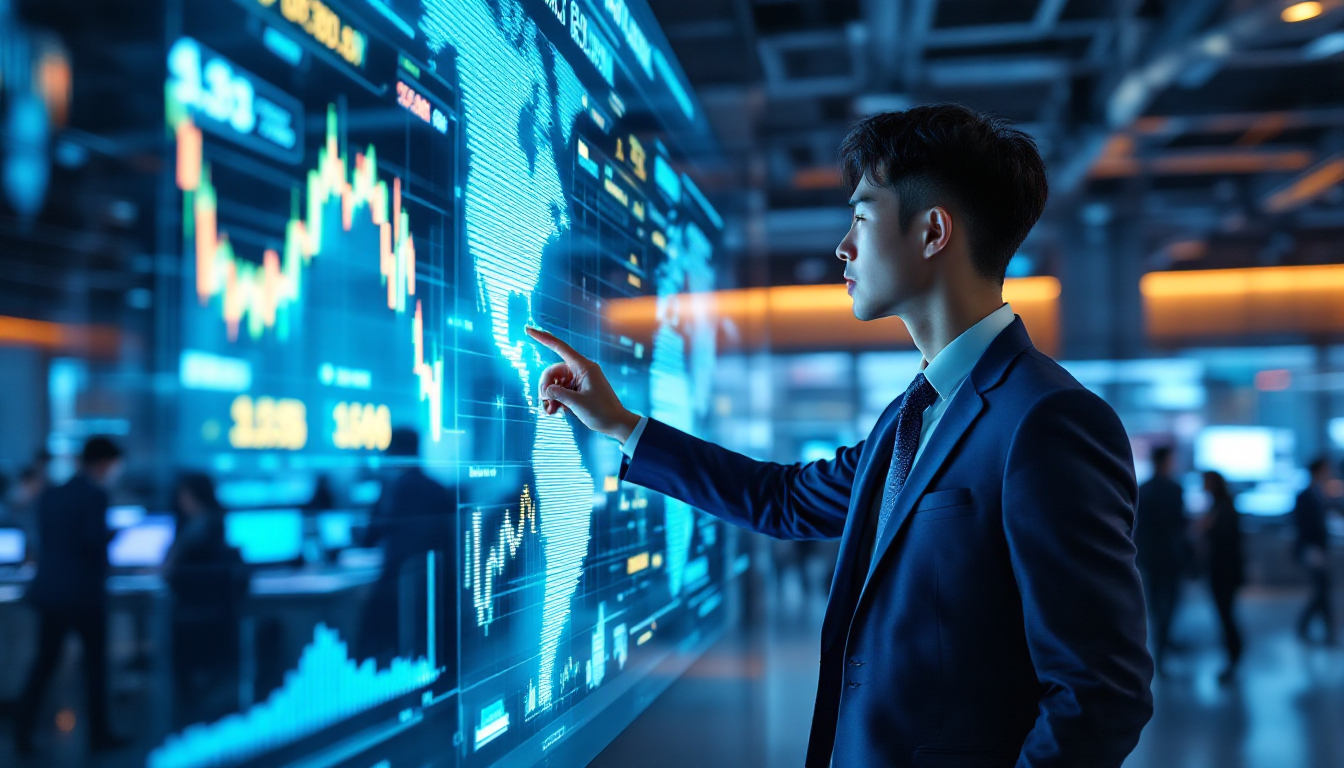 AI와 반도체 테마주 차트를 분석하는 한국인 금융 전문가