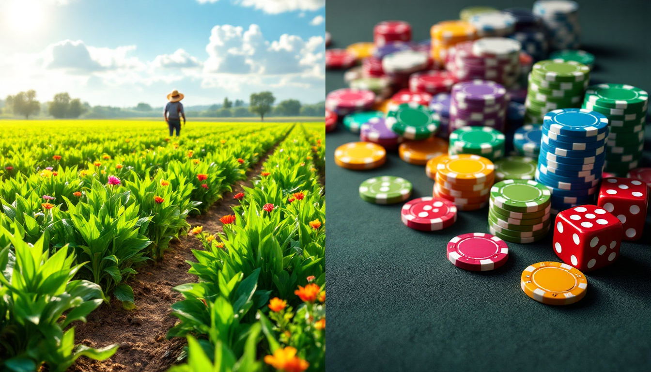 투자와 투기의 차이를 보여주는 농사와 도박의 대비 이미지