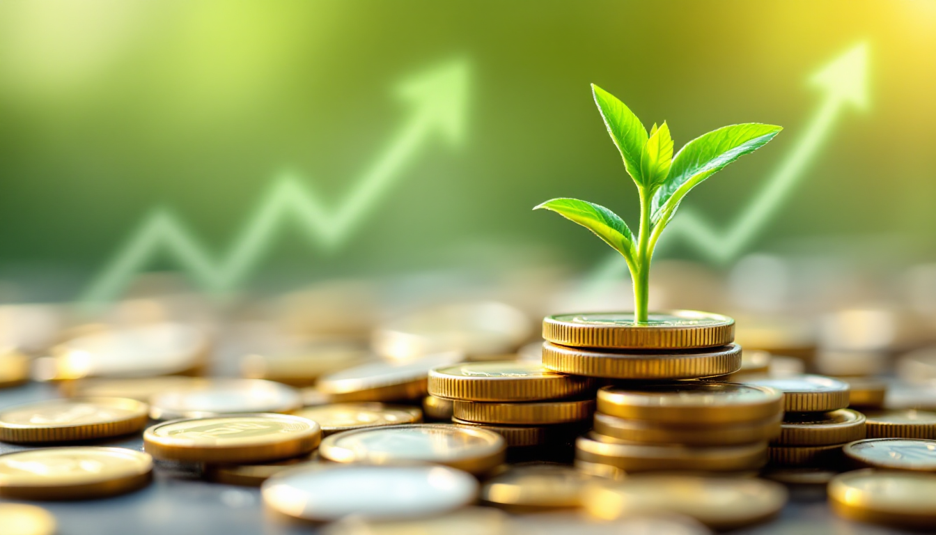 배당 재투자를 통한 복리 효과를 상징하는 동전 위의 성장하는 식물
