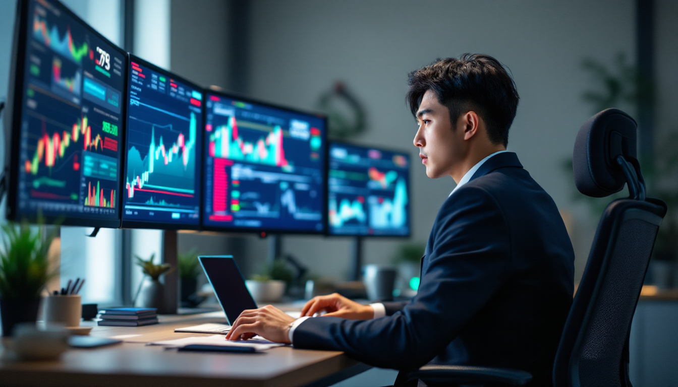 이동평균선 차트를 보고 있는 한국인 트레이더의 모습
