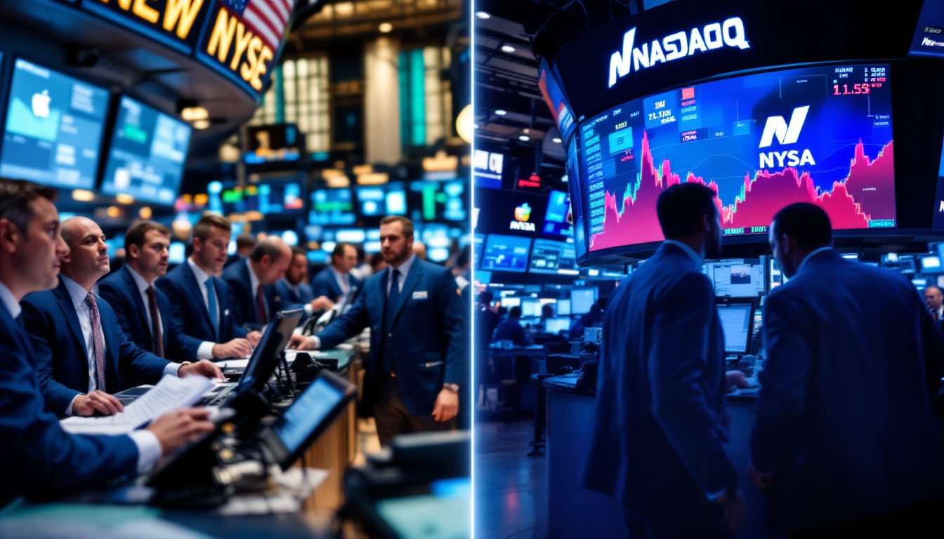 NYSE와 나스닥 거래소의 특징을 보여주는 대비 이미지