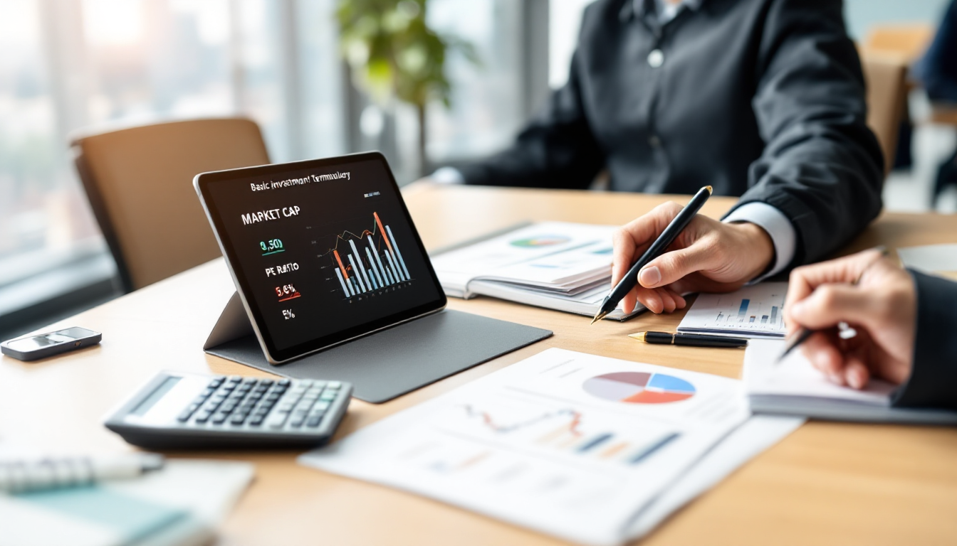 투자 기본 용어와 차트가 표시된 태블릿과 재무 문서들이 놓인 깔끔한 책상에서 작업하는 한국인 전문가