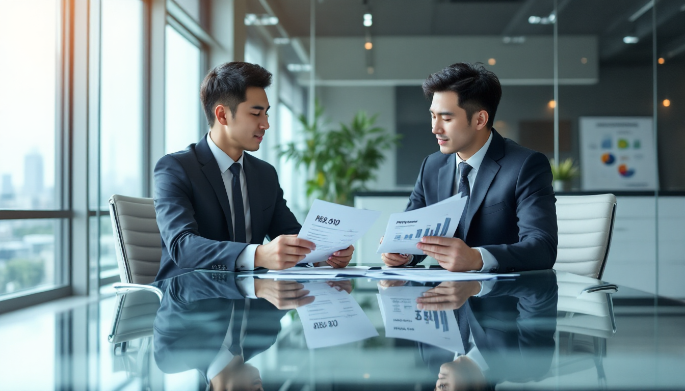 매출액과 영업이익 차이를 분석하는 한국인 비즈니스맨들