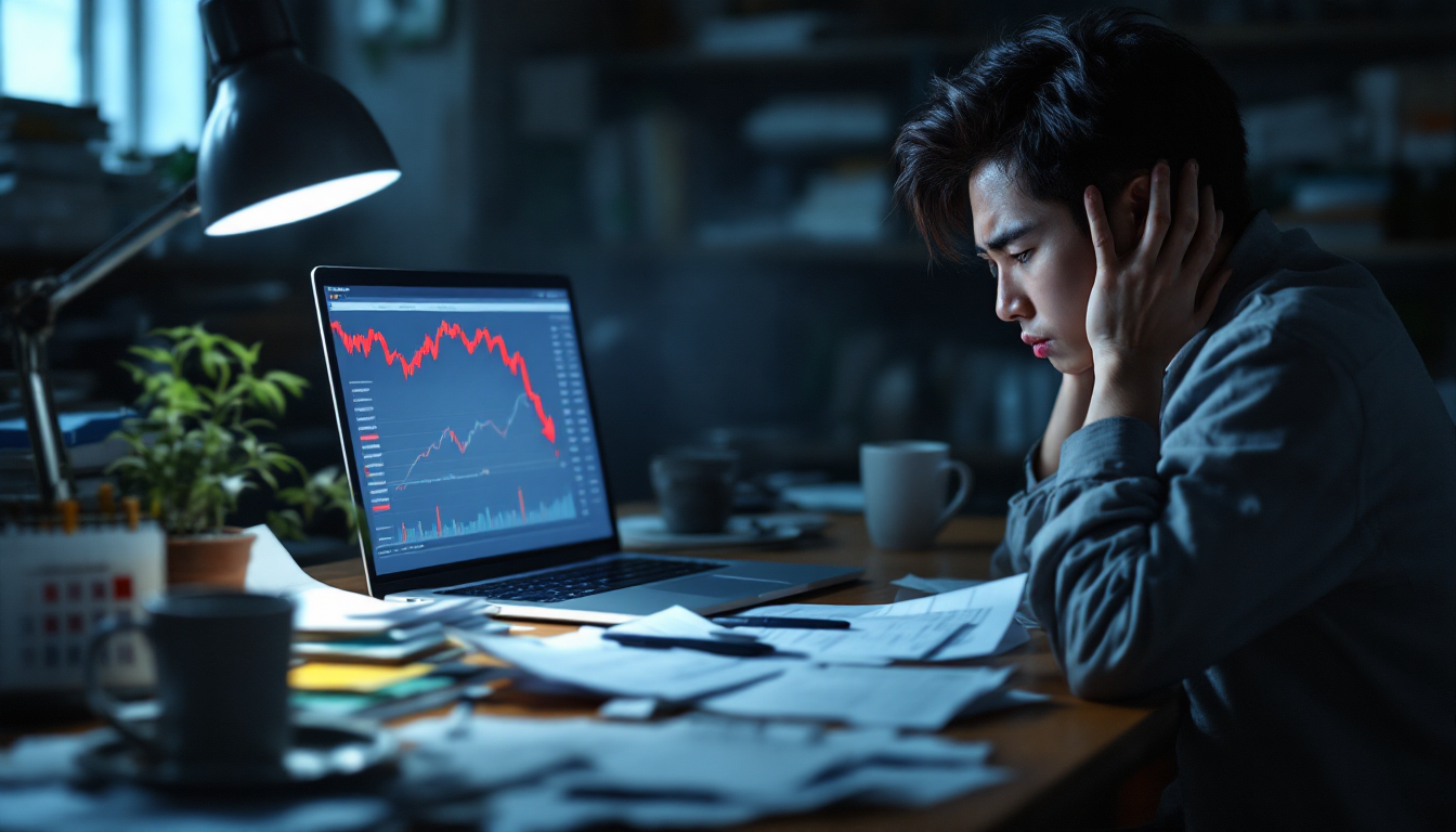 주식 하락으로 스트레스받는 투자 초보자의 모습