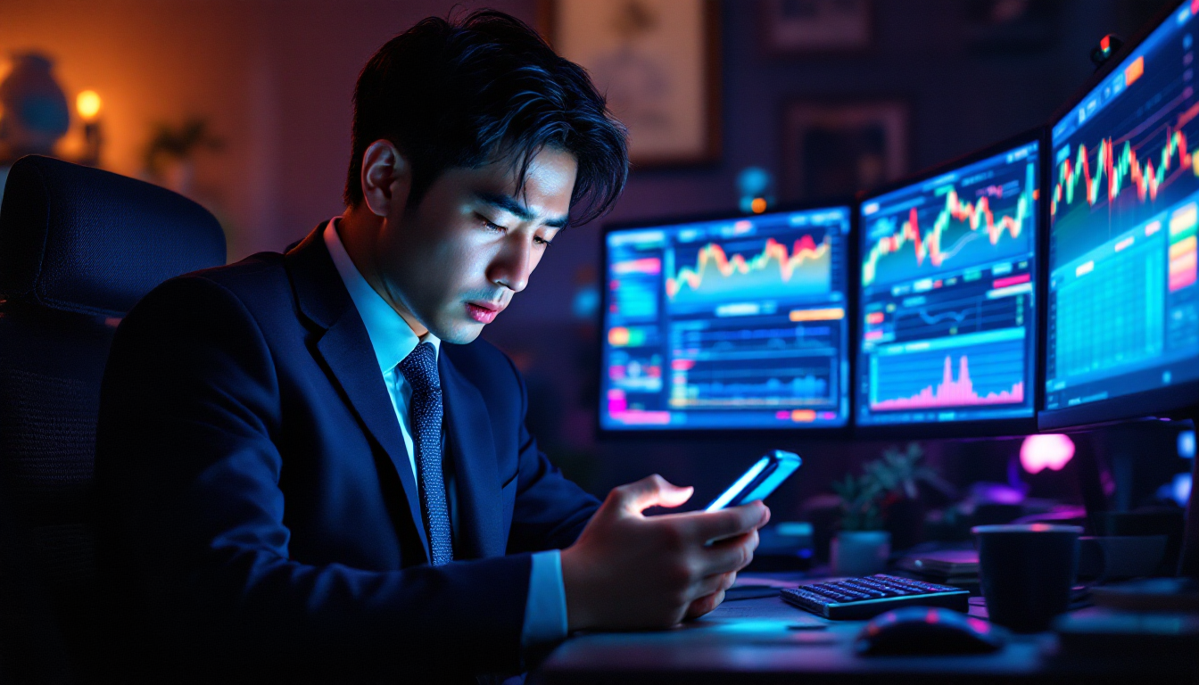 FOMO 심리에 빠진 투자자가 소셜미디어를 보며 불안해하는 장면