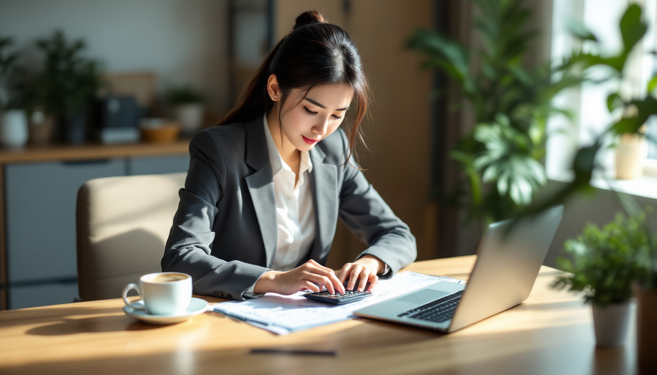 배당수익률을 계산하는 한국인 여성 투자자