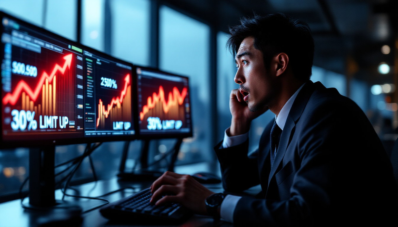 상한가 30% 상승을 확인하는 놀란 표정의 한국인 주식 트레이더
