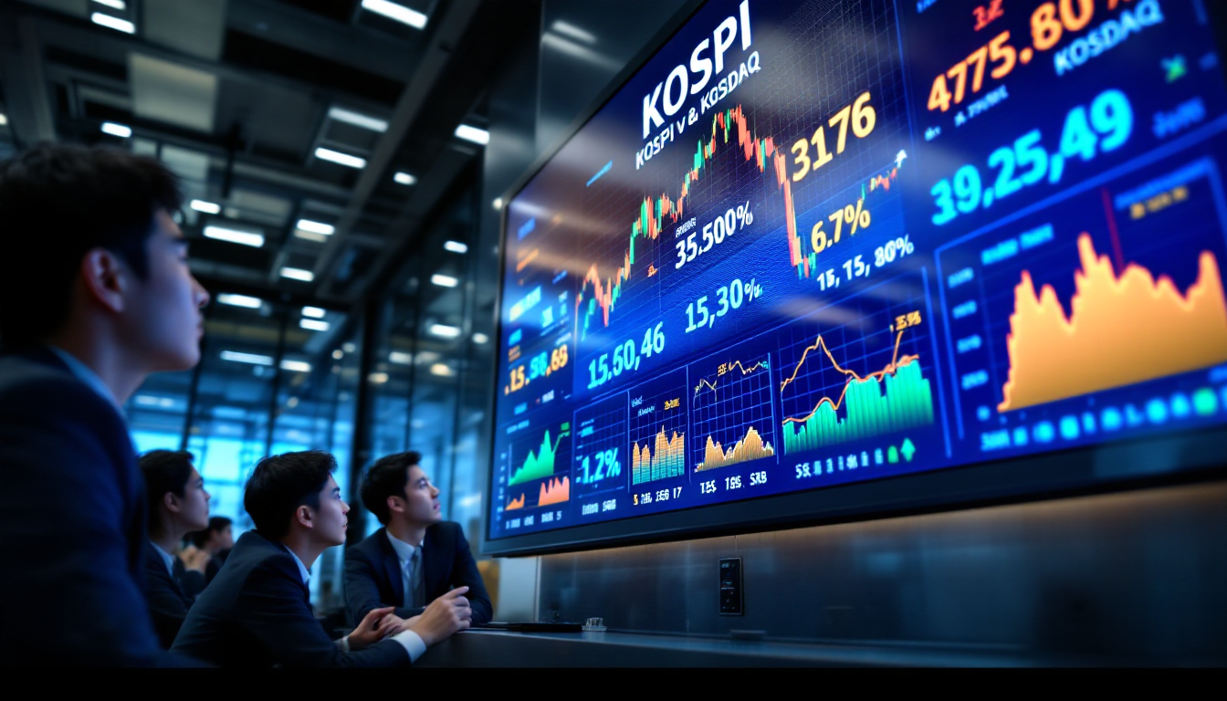 주식 지수를 보여주는 거래소 전광판과 한국인 트레이더들