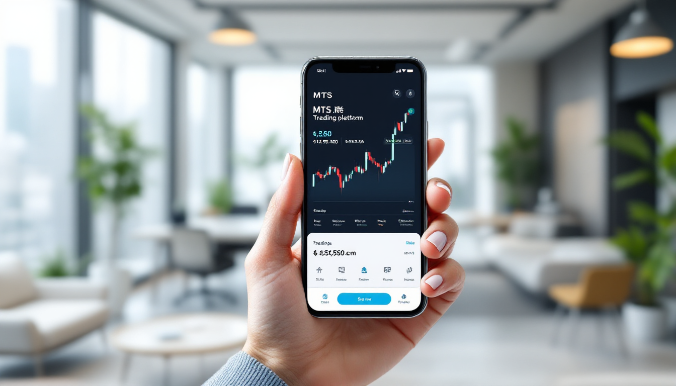 MTS 주식 거래 앱 화면을 보여주는 스마트폰을 들고 있는 한국인의 손