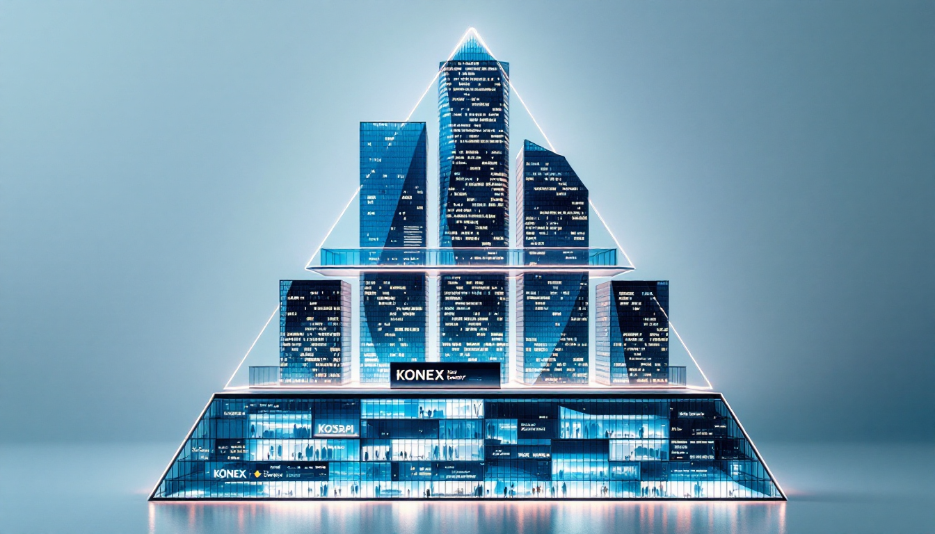한국 주식시장의 3단계 구조를 나타내는 건물 피라미드