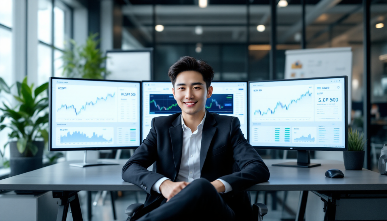 다양한 주가지수를 보여주는 모니터를 분석하는 젊은 전문가