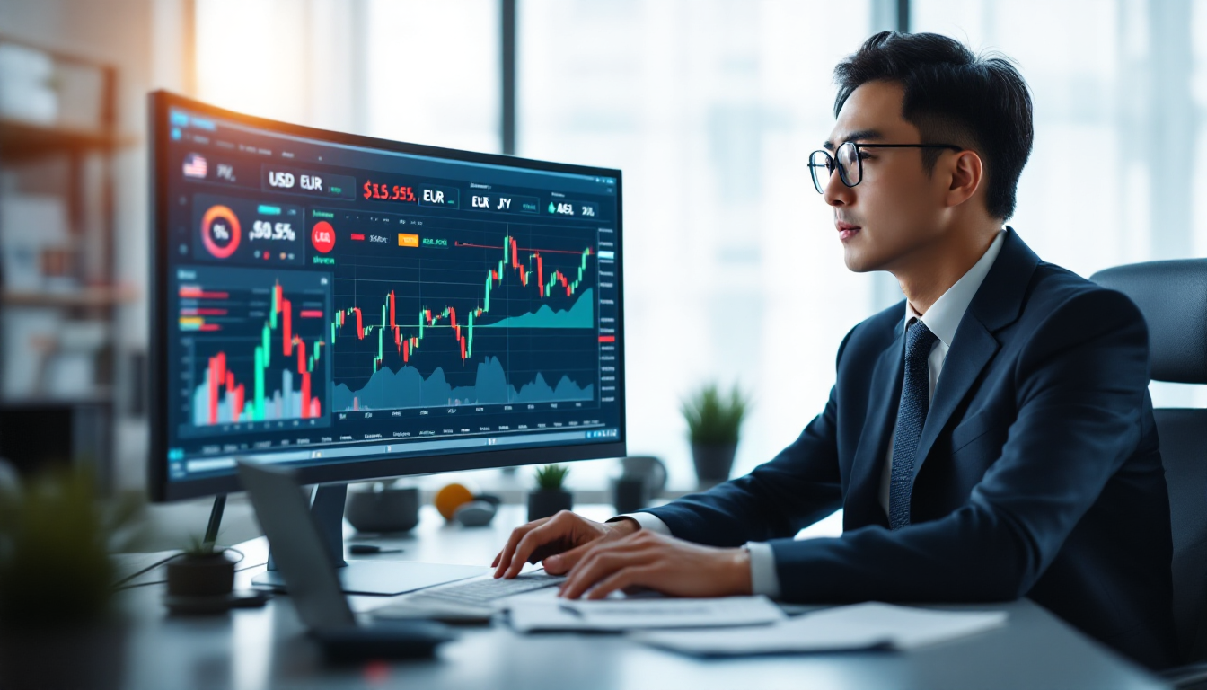 컴퓨터 화면의 환율 차트와 다양한 통화 기호들을 분석하는 한국인 금융 분석가