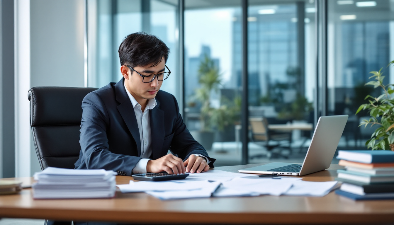 해외투자 세금 관련 서류와 원천징수 문서들을 정리하며 작업하는 한국인 세무 고문