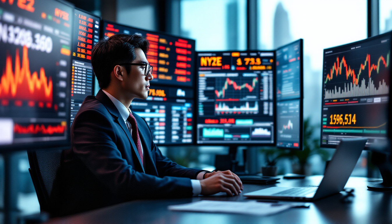 미국 주식시장 데이터와 배당 캘린더, EPS 보고서가 표시된 다중 화면 앞에서 거래하는 한국인 투자자