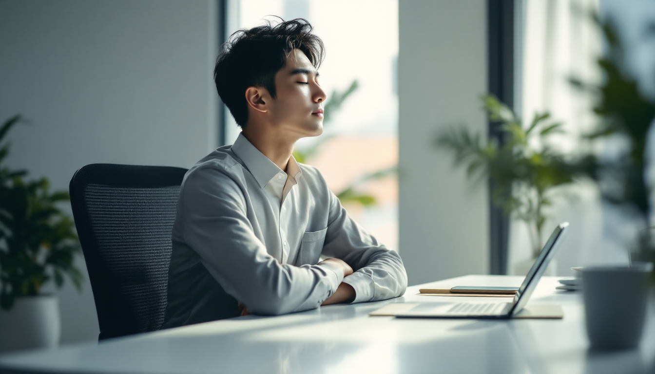 직장인이 투자 전 명상을 통해 심리적 안정을 찾는 모습