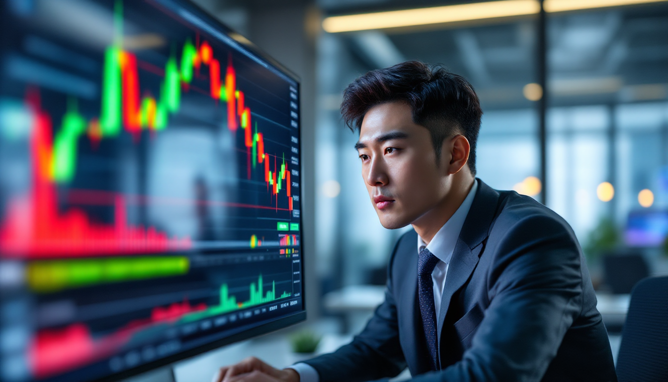 시가, 종가, 고가, 저가가 표시된 캔들차트를 분석하는 모습
