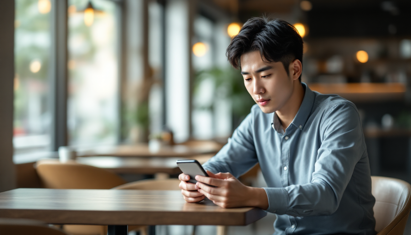 스마트폰으로 증권계좌와 은행계좌를 비교하는 청년