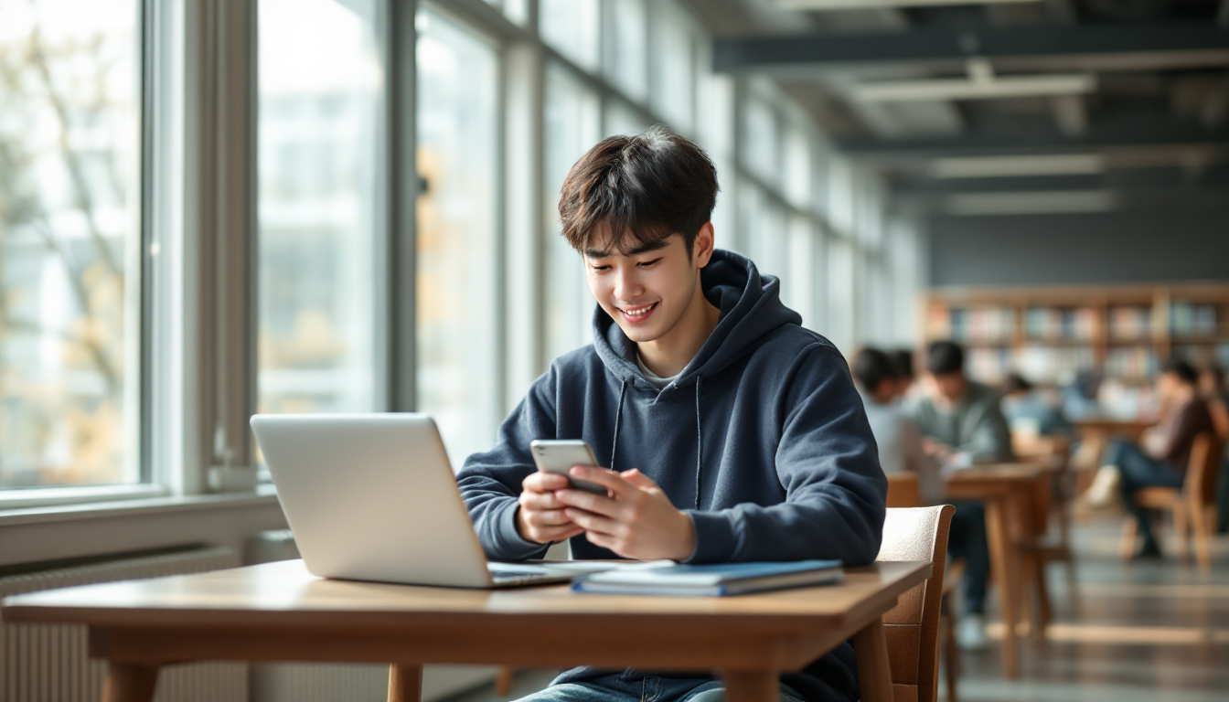 도서관에서 스마트폰으로 투자 포트폴리오를 확인하는 대학생