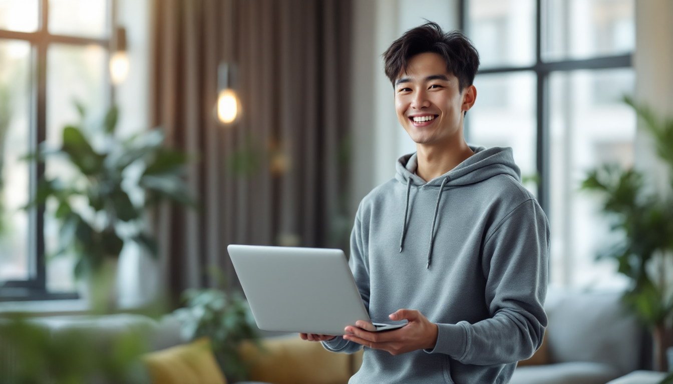 투자 성과를 확인하며 기뻐하는 대학생