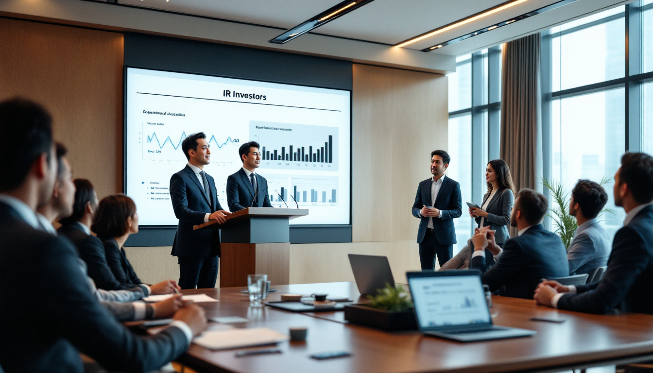IR 투자설명회에서 발표하는 한국인 경영진과 참석한 투자자들