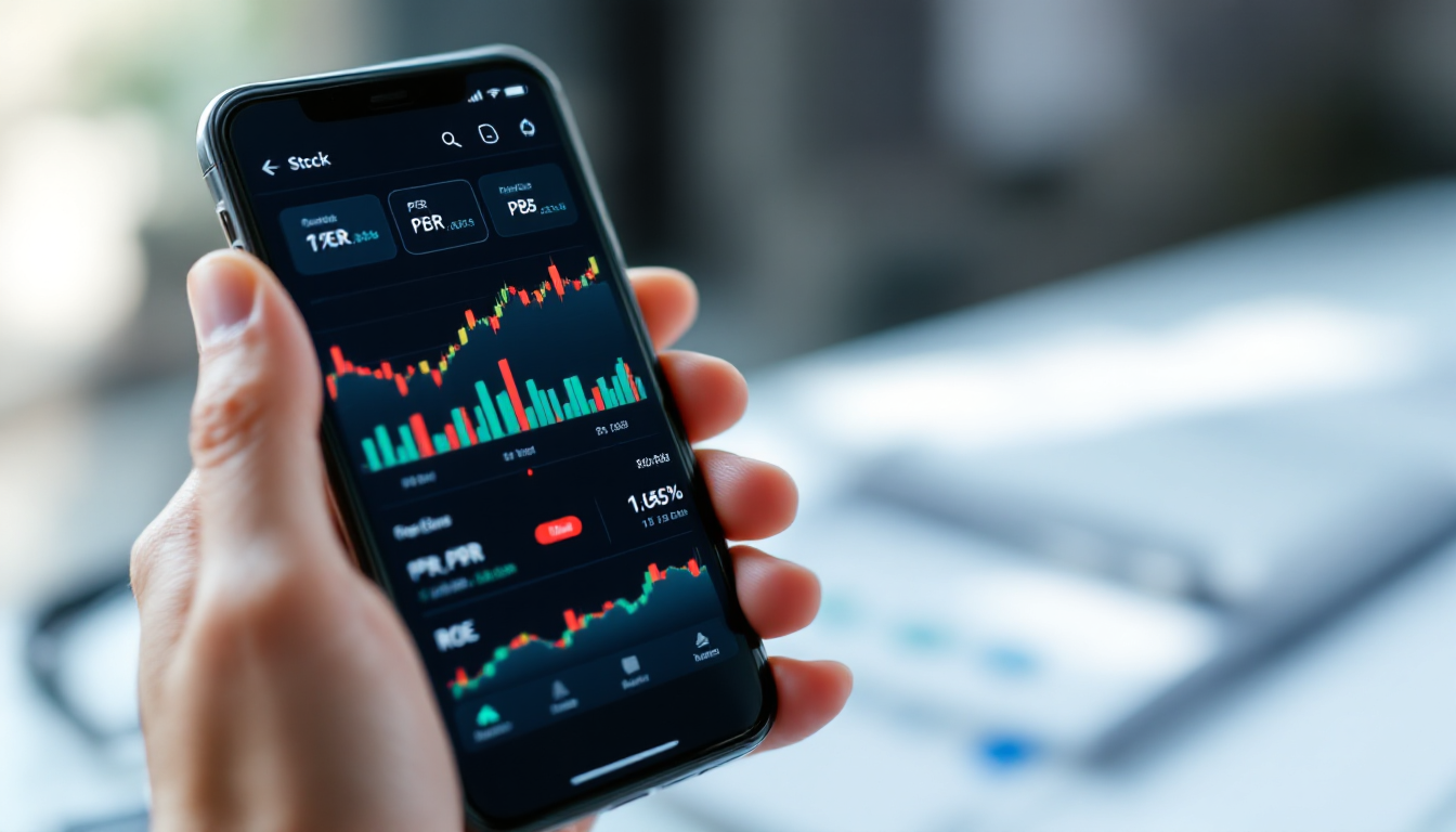 스마트폰으로 주식 투자 지표를 확인하는 모습