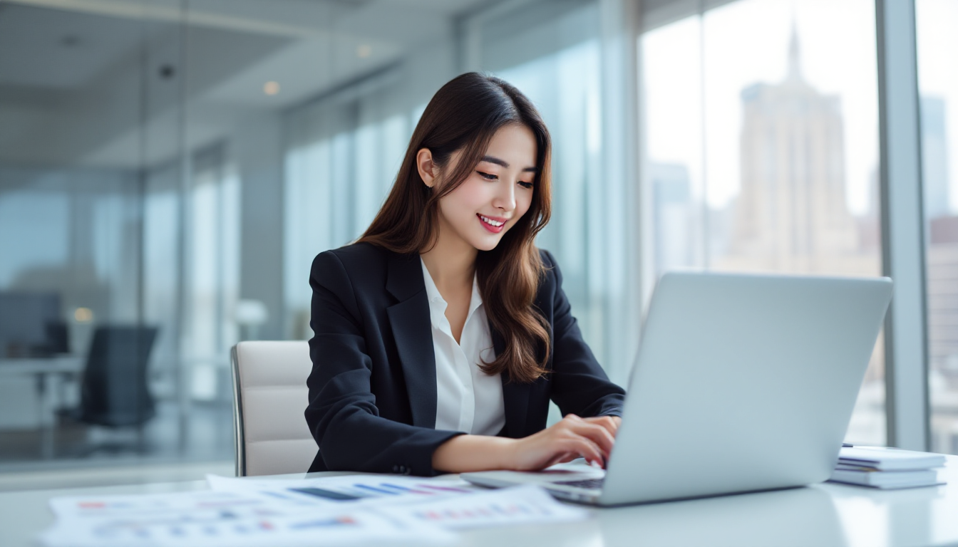 노트북에서 ETF 포트폴리오와 추종오차 지표를 검토하는 한국인 여성 전문가